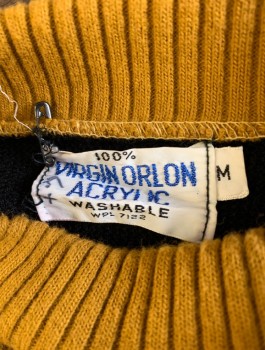 VIRGIN ORLON ACRYLIC, Black, Mustard Yellow, Orlon Acrylic, Solid, Color Blocking, Knit, Pullover, Black V-neck with Mustard Rib Knit Panel with Mock Neck,