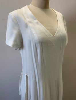 N/L MTO, White, Cotton, Solid, Twill Weave, Short Sleeves, V-neck, Self Ties at Side Waist, Princess Seams, Mid Calf Length, Minimalist, Multiples