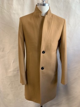 ZARA, Camel Brown, Wool, Polyamide, Solid, Single Breasted, Band Collar Attached to Notched Lapel, 2 Pockets, 2 Buttons,  Long Sleeves