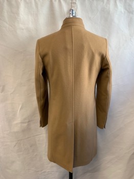 ZARA, Camel Brown, Wool, Polyamide, Solid, Single Breasted, Band Collar Attached to Notched Lapel, 2 Pockets, 2 Buttons,  Long Sleeves
