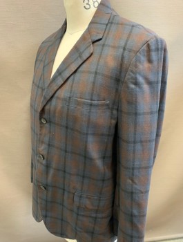 Mens, Blazer/Sport Co, N/L, Dk Gray, Brown, Black, Wool, Plaid, 40S, Single Breasted, Thin Notched Lapel with Rounded Edges, 3 Buttons,  3 Pockets, Early 1960's