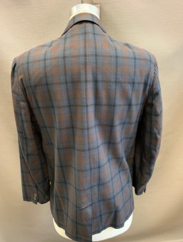 Mens, Blazer/Sport Co, N/L, Dk Gray, Brown, Black, Wool, Plaid, 40S, Single Breasted, Thin Notched Lapel with Rounded Edges, 3 Buttons,  3 Pockets, Early 1960's