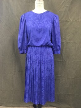 CHARLEE ALLISON, Royal Blue, Polyester, Floral, Self Floral Pattern, Scoop Neck, Scoop Deeper in Back, Gathered Puffy 3/4 Sleeve, Hook & Eye Cuff, Wide Waistband, Pleated Skirt, Ankle Length *large Stain on Skirt, Right Side, Stains on Front Lower Top**