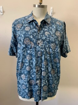 Mens, Hawaiian Shirt, TOMMY BAHAMA, Steel Blue, White, Brown, Tencel, Cotton, Floral, XXL, Button Front, Collar Attached, 1 Pocket, Short Sleeves