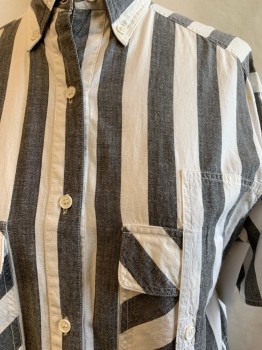 Womens, 1980s Vintage, Piece 1, FRENCH CONNECTION, Faded Black, White, Cotton, Stripes, M, Button Front, Collar Attached, Button Down Collar, Short Sleeves, 2 Flap Pockets with Sideways Button Pockets Overtop, Sideways Pockets Back *Some Brown Spots*