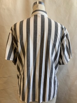 Womens, 1980s Vintage, Piece 1, FRENCH CONNECTION, Faded Black, White, Cotton, Stripes, M, Button Front, Collar Attached, Button Down Collar, Short Sleeves, 2 Flap Pockets with Sideways Button Pockets Overtop, Sideways Pockets Back *Some Brown Spots*