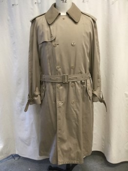 Mens, Coat, Trenchcoat, OLEG CASSINI, Khaki Brown, Wool, Nylon, Solid, XL, 46, Double-breasted closure, Spread Collar, 2 Side Entry Pockets, Long Sleeves, Shoulder Epaulets, Front Right Gun Flap, Back Rain Flap, Back Vent,  Belted Cuffs, Belted Waist, Below the Knee Length, Removable Wool Collar and Lining