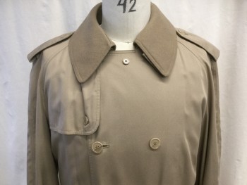 Mens, Coat, Trenchcoat, OLEG CASSINI, Khaki Brown, Wool, Nylon, Solid, XL, 46, Double-breasted closure, Spread Collar, 2 Side Entry Pockets, Long Sleeves, Shoulder Epaulets, Front Right Gun Flap, Back Rain Flap, Back Vent,  Belted Cuffs, Belted Waist, Below the Knee Length, Removable Wool Collar and Lining