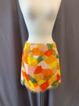 Womens, 1960s Vintage, Skirt, MTO, Yellow, Gray, Orange, White, Peach Orange, Acetate, Abstract , W28, Mini, Back Zipper, Low Waist