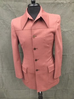 TIGER OF SWEDEN, Dusty Rose Pink, Polyester, Heathered, 4 Button Single Breasted, 2 Patch Pockets with Flaps, Dark Brown Stitching, Waist Belting at Back of Jacket with Slit at Waist.