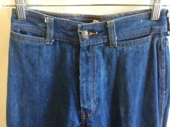 Womens, Jeans, RENE DE FRANCE, Blue, Cotton, Solid, 25/36, Lightly Washed Out Light Blue Denim, Double Orange Stitches, Zip Front, 4 Pockets, Flair Bottom