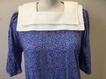 BELLE FRANCE, Royal Blue, Teal Blue, Purple, White, Rayon, Calico , Floral, Short Sleeves, Square Solid White Double Tiered Collar, Square Neck, Dropped Waist, Pleated Below Waistband, Retro 20's Inspired,