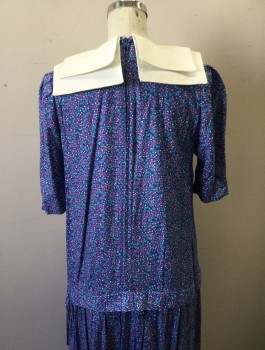 BELLE FRANCE, Royal Blue, Teal Blue, Purple, White, Rayon, Calico , Floral, Short Sleeves, Square Solid White Double Tiered Collar, Square Neck, Dropped Waist, Pleated Below Waistband, Retro 20's Inspired,