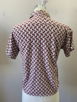 COLONIAL, White, Red, Charcoal Gray, Cotton, Geometric, Repeating Squares Pattern, Short Sleeve Button Front, Collar Attached, 1 Patch Pocket,