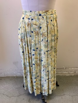 Womens, 1990s Vintage, Skirt, TALBOTS PETITES, Beige, Off White, Lt Yellow, Navy Blue, Lt Brown, Rayon, Floral, W32-34, Crepe, 1" Wide Waistband, Elastic Waist in Back, Pleated, Mid Calf Length, Side Zipper & 1 Button Closure,