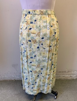 Womens, 1990s Vintage, Skirt, TALBOTS PETITES, Beige, Off White, Lt Yellow, Navy Blue, Lt Brown, Rayon, Floral, W32-34, Crepe, 1" Wide Waistband, Elastic Waist in Back, Pleated, Mid Calf Length, Side Zipper & 1 Button Closure,