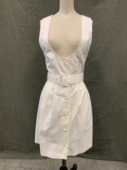 N/L, White, Cotton, Solid, Vintage, Scoop Neck, Sleeveless, Button Front, Pleated Skirt, 2 Pockets, Self Belt with Buckle, Gathered at Back Waist