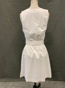 N/L, White, Cotton, Solid, Vintage, Scoop Neck, Sleeveless, Button Front, Pleated Skirt, 2 Pockets, Self Belt with Buckle, Gathered at Back Waist