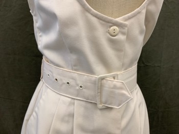 Womens, Nurses Dress, N/L, White, Cotton, Solid, B 32, Vintage, Scoop Neck, Sleeveless, Button Front, Pleated Skirt, 2 Pockets, Self Belt with Buckle, Gathered at Back Waist