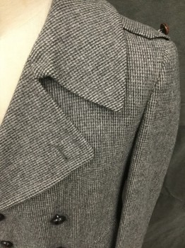 Mens, Coat, BARRISTER, Black, White, Wool, Grid , Tweed, 40, Double Breasted, Wide Collar Attached, Notched Lapel, Epaulets, Right Flap Shoulder Panel, 2 Pockets, Long Sleeves, Belt Tab at Cuff, Belt Loops, No Belt, Pleated and Buttonned Slit Center Back