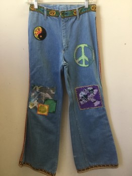 Womens, Jeans, NL, Blue, Orange, Purple, Green, Yellow, Cotton, Solid, Novelty Pattern, I:32, W:26, Hippie Jeans, High Waisted, Bell Bottoms, Patch Applique/ Peace Sign, Multi Ribbon Trim