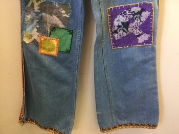 Womens, Jeans, NL, Blue, Orange, Purple, Green, Yellow, Cotton, Solid, Novelty Pattern, I:32, W:26, Hippie Jeans, High Waisted, Bell Bottoms, Patch Applique/ Peace Sign, Multi Ribbon Trim