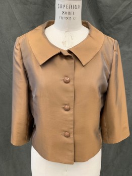 OLIVER YATES, Brown, Silk, Solid, Button Front, Rounded Wide Collar, 3/4 Sleeve, * Tearing at Sleeve Inset*
