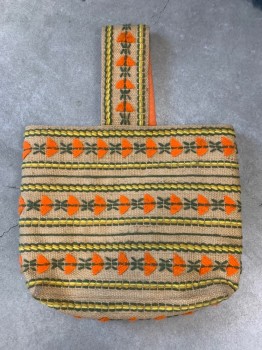 N/L, Tan Brown, Olive Green, Orange, Mustard Yellow, Yellow, Straw, Polyester, Stripes - Horizontal , Floral, Soft Basket Purse with Short Loop Handle, Orange Corduroy Lining, Clean and in Good Shape