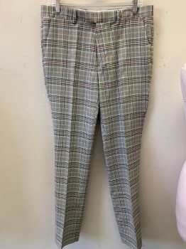 TOP MAN, Lt Gray, Aqua Blue, Black, Ochre Brown-Yellow, Polyester, Viscose, Plaid, Additional Pants for Suit, Flat Front, Zip Front, Tab Waistband, Belt Loops, 4 Pockets