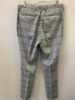 TOP MAN, Lt Gray, Aqua Blue, Black, Ochre Brown-Yellow, Polyester, Viscose, Plaid, Additional Pants for Suit, Flat Front, Zip Front, Tab Waistband, Belt Loops, 4 Pockets