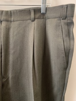 CANANZI, Putty/Khaki Gray, Dk Brown, Wool, Herringbone, Stripes, Pleated Front, 4 Pckts, Zip Fly, Belt Loops, Smudge Left Back Upper Thigh