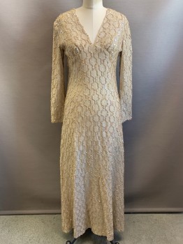 Womens, Evening Gown, Jack Bryan, Beige, Silver Metallic, Polyester, Speckled, W27, B32, L/S, V Neck, Wavy Sequins Strips, Back Zipper,