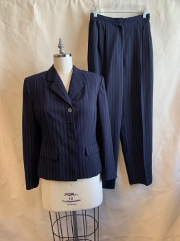 VALERIE STEVENS, Navy Blue, White, Polyester, Stripes - Vertical , Single Breasted, Notched Lapel, 4 Buttons, 2 Pockets, Hidden Placket