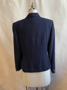 VALERIE STEVENS, Navy Blue, White, Polyester, Stripes - Vertical , Single Breasted, Notched Lapel, 4 Buttons, 2 Pockets, Hidden Placket