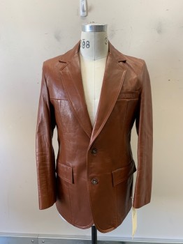 CRESCO, Brown, Leather, Solid, Single Breasted, Notched Lapel, 3 Pockets, 2 Buttons,