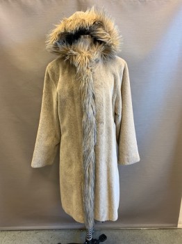 Womens, Coat, LA MAISON FAUSSE F.., Beige, Cotton, Acrylic, S, Faux Fur All Over, Beige with Gray Tip Fur Trim on Hood & Down Front, Hooded, Hook & Loop Front, 2 Pockets