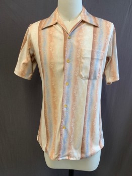 Mens, Casual Shirt, CAREER CLUB, Brown, Beige, Gray, White, Polyester, Paisley/Swirls, Stripes, M, Button Front, Collar Attached, Short Sleeves, 1 Pocket