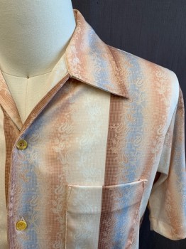CAREER CLUB, Brown, Beige, Gray, White, Polyester, Paisley/Swirls, Stripes, Button Front, Collar Attached, Short Sleeves, 1 Pocket