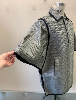 N/L MTO, Gray, Faux Leather, Horizontally Pleated Texture, Poncho With Open Sides That Close With Snaps, Short "Sleeves", Black Trim, Collar Attached, 3 Snap Closures At Front, Made To Order