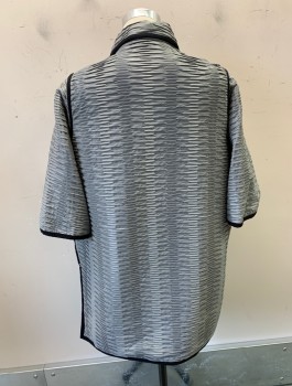 Mens, Tops, N/L MTO, Gray, Faux Leather, M, Horizontally Pleated Texture, Poncho With Open Sides That Close With Snaps, Short "Sleeves", Black Trim, Collar Attached, 3 Snap Closures At Front, Made To Order