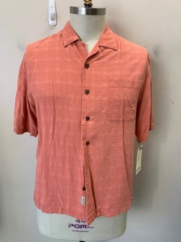 Mens, Casual Shirt, MONTEGO, Peach Orange, Silk, Text, Plaid, L, Short Sleeves, Collar Attached, Button Front, Front Pocket