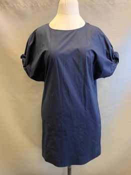 Womens, Dress, Short Sleeve, COS, Navy Blue, Cotton, Spandex, Solid, 8, Midnight Navy, Scoop Neckline, Shift Shape, Gathered Sleeves with Elastic, Zip Back, 2 Side Pockets, Hem at Knee