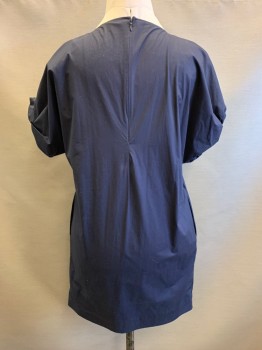 Womens, Dress, Short Sleeve, COS, Navy Blue, Cotton, Spandex, Solid, 8, Midnight Navy, Scoop Neckline, Shift Shape, Gathered Sleeves with Elastic, Zip Back, 2 Side Pockets, Hem at Knee