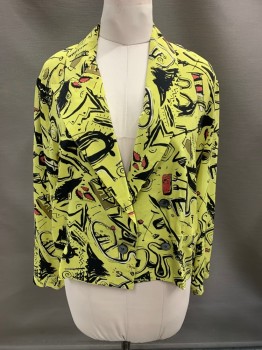 Womens, Blazer, SUE WONG, Yellow, Black, White, Red-Orange, Silk, Abstract , B 38, M, 1 Shaw Lapel & 1 Peak Lapel, Double Breasted, B.F., 2 Faux Pckts, Small Brown Stain On Right Cuff