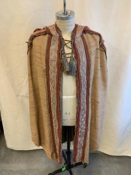 NL, Rust Orange, Blue-Gray, Salmon Pink, Lt Brown, Wool, Cotton, Novelty Pattern, Hood, Tassels At Front Hood, Leather Lace Closing, 4" Trim Along Front, Hood & On Sides, 2 Tassels On Each Side, Bone And Bead Trim At Shoulders And On Front Side, Applique Lining