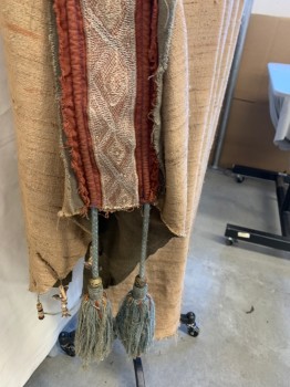 NL, Rust Orange, Blue-Gray, Salmon Pink, Lt Brown, Wool, Cotton, Novelty Pattern, Hood, Tassels At Front Hood, Leather Lace Closing, 4" Trim Along Front, Hood & On Sides, 2 Tassels On Each Side, Bone And Bead Trim At Shoulders And On Front Side, Applique Lining