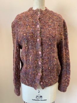 NO LABEL, Maroon Red, Blue, Brown, Gold, Acrylic, Cardigan Sweater, L/S, Multi Color Weave, Button Front, Crew Neck,