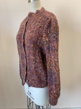 NO LABEL, Maroon Red, Blue, Brown, Gold, Acrylic, Cardigan Sweater, L/S, Multi Color Weave, Button Front, Crew Neck,