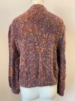 Womens, Sweater, NO LABEL, Maroon Red, Blue, Brown, Gold, Acrylic, B36, Cardigan Sweater, L/S, Multi Color Weave, Button Front, Crew Neck,