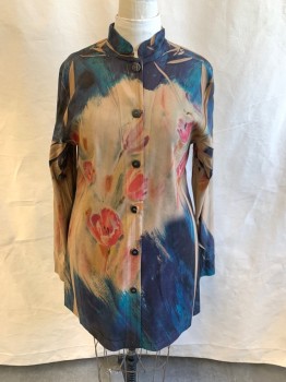 Womens, Blouse, NL, Camel Brown, Navy Blue, Teal Green, Orange, Polyester, Floral, Abstract , B: 40, Suedette, Mandarin Collar Attached, Button Front, Long Sleeves